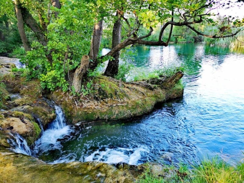 A small wooded island and gentle waterfall on the turquoise Mrežnica