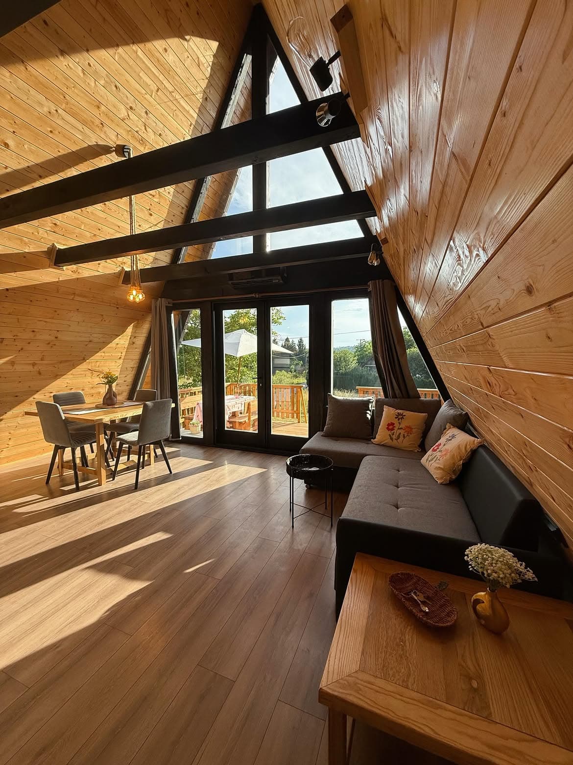 Warm timber kitchen inside A-Frame Mrežnica